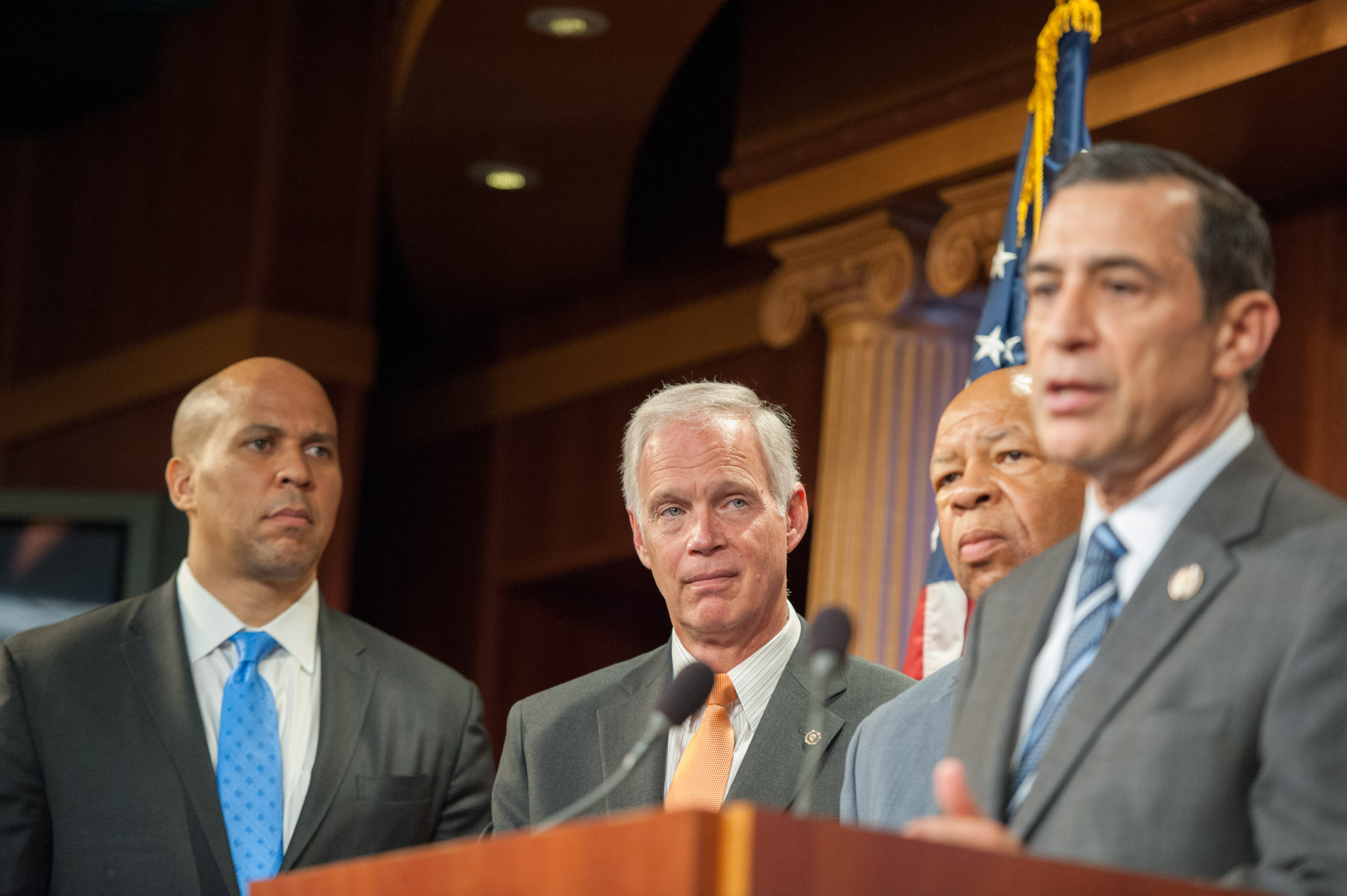 "Darrell Issa addresses reporters at Fair Chance Act press conference."